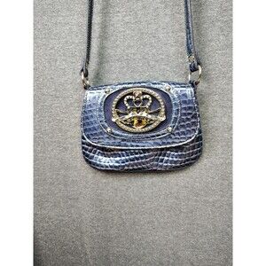 Kathy Van Zeeland Small Crossbody Shoulder Handbag Metallic Blue Crocodile Purse